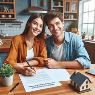 man and woman sitting at kitchen table about to sign a document